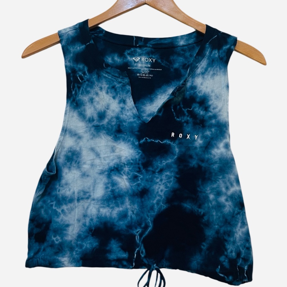 Roxy Women's Indigo Blue Tie-Dye Sleeveless Crop Tee Drawstring Size M NWT